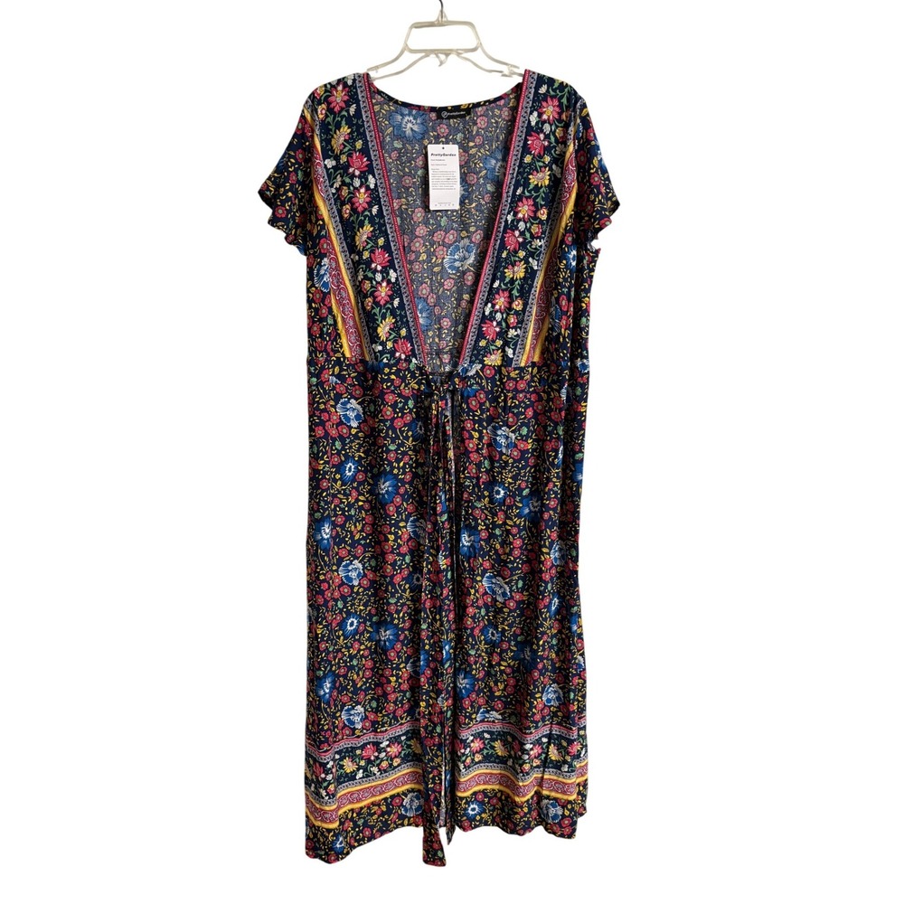PrettyGarden Womens Floral Maxi Dress Navy Blue Boho Wrap‎ V-Neck Large NWT
